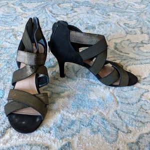 Black & Gold open toe heels